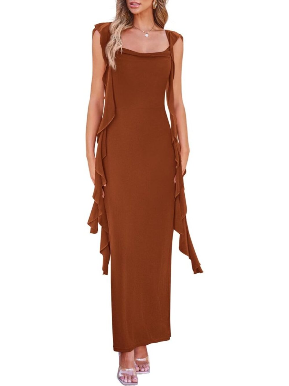 Women's Brown Wedding Guest Dress Sleeveless Ruffle Formal Cocktail Party Maxi